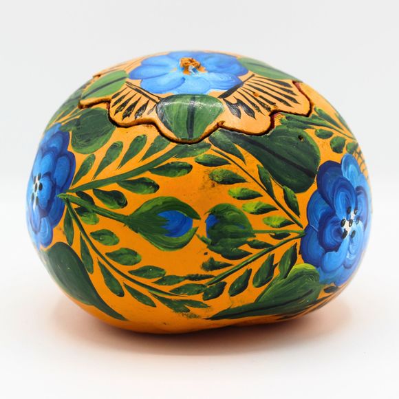 Vintage Mexican Folk Art Hand Painted Gourd Trinket Vessel 4.5" Floral Design - Picture 3 of 8